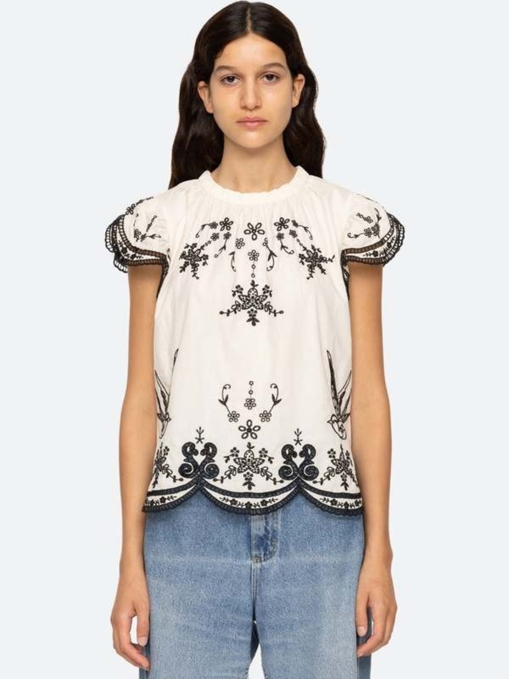 Sea New York White Embroidered Puff-Sleeve Blouse